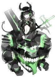 Rule 34 | 10s, 1girl, abyssal ship, alternate costume, bad id, bad twitter id, black hair, black rock shooter, commentary request, curly hair, dead master, demon tail, green eyes, horns, kantai collection, looking at viewer, midriff, navel, rero (bigdoorbig2), smile, tail, teeth, tongue, wings