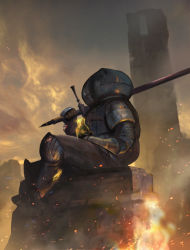 Rule 34 | 1boy, armor, dark souls (series), dark souls i, day, estus flask, fire, from side, full armor, gauntlets, helm, helmet, highres, holding, holding weapon, knight, male focus, miso katsu, outdoors, over shoulder, realistic, shield, siegmeyer of catarina, sitting, solo, sword, tower, weapon, weapon over shoulder, zweihander