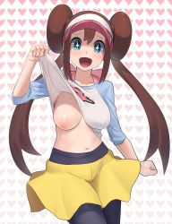 Rule 34 | + +, 1girl, :d, black pantyhose, blush, bow, breasts, brown hair, clothes lift, collarbone, commentary request, creatures (company), double bun, game freak, green eyes, hair bun, hand up, heart, heart background, highres, lifted by self, long hair, looking at viewer, navel, nintendo, nipples, no bra, open mouth, pantyhose, pantyhose under shorts, pink bow, pokemon, pokemon bw2, raglan sleeves, rosa (pokemon), shirt, shirt lift, short shorts, shorts, smile, solo, tongue, twintails, visor cap, xin lan deng, yellow shorts