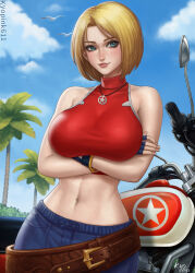 Rule 34 | 1girl, arms under breasts, bare arms, bare shoulders, belt, blonde hair, blue eyes, blue mary, bob cut, breasts, closed mouth, cowboy shot, crop top, crossed arms, denim, fingerless gloves, gloves, jeans, jewelry, kyopink, large breasts, leaning back, linea alba, looking at viewer, loose belt, medium hair, midriff, motor vehicle, motorcycle, navel, necklace, nose, outdoors, palm tree, pants, parted hair, red shirt, shirt, sky, sleeveless turtleneck crop top, smile, solo, straight hair, taut clothes, taut shirt, the king of fighters, tree, turtleneck crop top