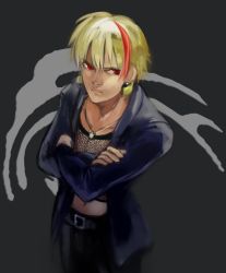 Rule 34 | 1boy, blonde hair, casual, crossed arms, earrings, fate (series), gilgamesh (fate), jewelry, kabio, male focus, necklace, red eyes, red hair, short hair, solo