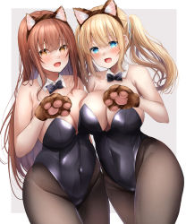 Rule 34 | 2girls, absurdres, animal ears, bare arms, bare shoulders, black bow, black bowtie, black legwear, black leotard, blonde hair, blue eyes, blush, bow, bowtie, breasts, brown eyes, brown hair, brown hairband, cleavage, commentary request, covered navel, cowboy shot, detached collar, fake animal ears, hairband, highres, kittysuit, large breasts, leotard, long hair, looking at viewer, multiple girls, nontraditional playboy bunny, open mouth, original, pantyhose, simple background, smile, tikuwanwa, twintails