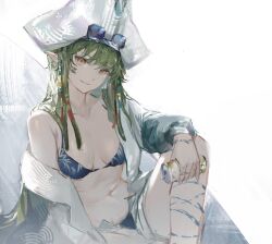 Rule 34 | 1girl, arknights, bikini, blue bikini, breasts, can, collarbone, eyewear on head, gavial (arknights), green hair, hair between eyes, highres, holding, holding can, jacket, jewelry, large hat, long hair, looking at viewer, medium breasts, navel, open clothes, open jacket, pointy ears, ring, shijiubashuazi, simple background, sitting, smile, solo, sunglasses, swimsuit, very long hair, white background, white jacket, yellow eyes