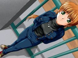 Rule 34 | 1girl, against railing, black shirt, denim, denim jacket, dutch angle, from above, green eyes, jacket, jeans, jewelry, long hair, looking at viewer, necklace, orange hair, outdoors, pants, railing, shadow, shirt, shoes, sneakers, solo, source request
