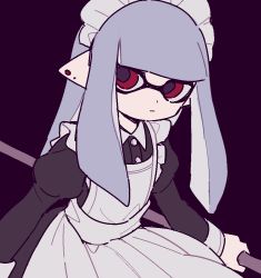 Rule 34 | 1girl, apron, bad id, bad twitter id, black background, black dress, broom, closed mouth, collared dress, commentary, dress, earrings, frilled apron, frills, gomi (kaiwaresan44), grey hair, holding, inkling, inkling girl, inkling player character, jewelry, juliet sleeves, leaning forward, light frown, long hair, long sleeves, looking at viewer, maid, maid apron, maid headdress, medium dress, nintendo, pointy ears, puffy sleeves, red eyes, simple background, solo, splatoon (series), splatoon 2, standing, upper body, white apron