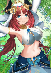 Rule 34 | 1girl, absurdres, aqua eyes, armpits, arms up, bare shoulders, blue bow, blue gemstone, blue skirt, blush, bow, breasts, brooch, chinese commentary, circlet, closed mouth, commentary request, cowboy shot, detached sleeves, fake horns, gem, genshin impact, gold trim, green background, harem outfit, highres, horns, impossible clothes, jewelry, jie xian (tsuki), jpeg artifacts, large breasts, leaf, long hair, looking at viewer, low twintails, navel, neck ring, nilou (genshin impact), parted bangs, pelvic curtain, plant, raised eyebrows, red hair, shiny skin, shirt, sidelocks, skirt, sleeveless, sleeveless shirt, smile, stomach, taut clothes, taut shirt, twintails, water, water drop, white headwear, white sleeves