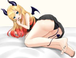 Rule 34 | 1girl, alternate costume, aqua eyes, ass, barefoot, bed sheet, black dress, black nails, black panties, blonde hair, breasts, collarbone, demon horns, demon tail, demon wings, dorsiflexion, dress, eyelashes, feet, foreshortening, from behind, full body, gradient hair, hand up, highres, hololive, horn ornament, horns, large breasts, legs, looking at viewer, looking back, multicolored hair, nail polish, open mouth, panties, parted bangs, pointy ears, red hair, revision, shadow, short dress, solo, tail, tamagotozi3420, toenail polish, toenails, toes, underwear, virtual youtuber, wings, yuzuki choco