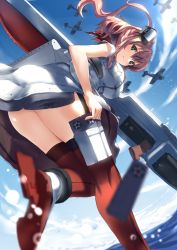 Rule 34 | 10s, 1girl, aircraft, airplane, blue eyes, blurry, breast pocket, breasts, brown hair, day, depth of field, dress, flight deck, from below, gun, hair between eyes, highres, kantai collection, long hair, looking at viewer, looking down, magazine (weapon), neckerchief, ocean, pocket, ponytail, red neckerchief, red thighhighs, saratoga (kancolle), short sleeves, side ponytail, sidelocks, smile, solo, submachine gun, thighhighs, thompson submachine gun, tsuuhan, weapon, white dress