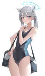 Rule 34 | 1girl, absurdres, animal ear fluff, animal ears, bag, blue archive, blue eyes, blush, breasts, closed mouth, competition swimsuit, cowboy shot, extra ears, grey hair, hair ornament, halo, highres, medium breasts, medium hair, one-piece swimsuit, shiroko (blue archive), shiroko (swimsuit) (blue archive), shoulder bag, simple background, solcha, solo, standing, swimsuit, twintails, white background, x hair ornament