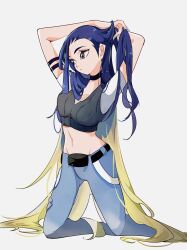 1girl alternate_hair_length alternate_hairstyle black_choker blue_hair breasts brown_eyes choker cocoa_s3 collarbone creatures_(company) crop_top game_freak gradient_hair grey_shirt highres holding long_hair loose_hair_strand midriff multicolored_hair nintendo pants perrin_(pokemon) pokemon pokemon_sv ribbed_shirt shirt undershirt