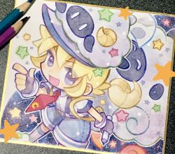 Rule 34 | 1boy, art tools in frame, blonde hair, blue shorts, blue socks, colored pencil, doradorakingyo, finlay (puyopuyo), gloves, highres, holding, holding marker, index finger raised, male focus, marker, necktie, open mouth, pencil, purple eyes, purple gloves, puyopuyo, puyopuyo quest, red necktie, sheep, shirt, short hair, shorts, socks, solo, star (symbol), suspenders, traditional media, white shirt