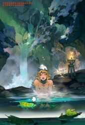 Rule 34 | 1boy, blonde hair, chinese commentary, closed eyes, clotho (kkydd), collarbone, commentary request, creature, crossed legs, dappled sunlight, eyelashes, full body, gameplay mechanics, green pants, hair down, hands on own legs, highres, leaf, light particles, long hair, male focus, nintendo, onsen, open mouth, pants, partially submerged, pectorals, pointy ears, rock, sitting, solo, straight-on, sunlight, teeth, the legend of zelda, the legend of zelda: breath of the wild, topless male, torch, upper teeth only, water, waterfall
