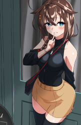 Rule 34 | 1girl, absurdres, ahoge, alternate costume, bag, between breasts, black shirt, black thighhighs, blue eyes, braid, breasts, brown hair, detached sleeves, door, finger to mouth, hair flaps, hair over shoulder, highres, jewelry, kantai collection, medium breasts, necklace, shiba (zudha), shigure (kancolle), shigure kai san (kancolle), shirt, shoulder bag, single braid, solo, strap between breasts, thighhighs, turtleneck