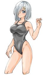 Rule 34 | 1girl, blue eyes, breasts, competition swimsuit, contrapposto, cowboy shot, grey one-piece swimsuit, hair ornament, hair over one eye, hairclip, hamakaze (kancolle), highleg, highleg swimsuit, highres, kantai collection, large breasts, looking at viewer, maonatten, one-piece swimsuit, short hair, silver hair, simple background, solo, standing, swimsuit, white background
