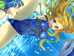 Rule 34 | 2girls, arms behind back, asphyxiation, bdsm, bondage, bound, breasts, bubble, drowning, female focus, gradient background, medium breasts, mermaid, monster girl, multiple girls, open mouth, peril, pool, shibari, spread legs, sweetsprite, swimsuit, underwater