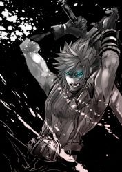 Rule 34 | 1990s (style), 1boy, arms up, blue eyes, clenched teeth, cloud strife, final fantasy, final fantasy vii, gloves, glowing, glowing eyes, greyscale, huge weapon, male focus, mali (maru), monochrome, muscular, solo, spot color, sword, teeth, weapon