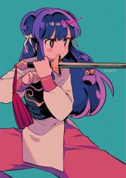 Rule 34 | 1girl, bell, blush stickers, chinese clothes, closed mouth, hair bell, hair between eyes, hair ornament, highres, holding, holding sword, holding weapon, jian (weapon), menma (enaic31), purple hair, ranma 1/2, shampoo (ranma 1/2), simple background, solo, sword, twitter username, weapon