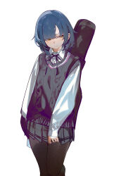 Rule 34 | aran sweater, arm behind back, averting eyes, black bow, black bowtie, black pantyhose, black ribbon, black skirt, black sweater vest, blue hair, bob cut, bocchi the rock!, bow, bowtie, breasts, cable knit, closed mouth, collared shirt, commentary, cowboy shot, dress shirt, drive shot, guitar case, hair ribbon, head tilt, highres, instrument case, instrument on back, looking to the side, neck ribbon, pantyhose, pleated skirt, raised eyebrows, ribbon, school uniform, shirt, short hair, shy, simple background, skirt, skirt tug, small breasts, standing, sweatdrop, sweater, sweater vest, white background, white hair, white shirt, yamada ryo, yellow eyes
