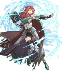 Rule 34 | 1girl, armor, armored boots, bare shoulders, belt, black thighhighs, boots, breastplate, cape, celica (fire emblem), dress, earrings, elbow gloves, fingerless gloves, fire emblem, fire emblem echoes: shadows of valentia, fire emblem heroes, full body, gloves, gold trim, hairband, highres, jewelry, long hair, nintendo, non-web source, noy, official art, overskirt, red eyes, red hair, skirt, thighhighs, transparent background, zettai ryouiki