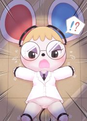 Rule 34 | !?, 1girl, animal crossing, animal ears, animal nose, arms up, barefoot, bdsm, black eyes, black necktie, blonde hair, blush, bondage, bottomless, bound, breasts, brown-framed eyewear, brown background, buttons, censored, collared shirt, colored skin, embarrassed, emphasis lines, fang, female focus, flying sweatdrops, furry, furry female, glasses, gluteal fold, half-closed eyes, heart, heart censor, jacket, kajiura, long sleeves, looking down, mouse ears, mouse girl, mouse tail, necktie, nintendo, open mouth, outstretched arms, petri (animal crossing), purple shirt, pussy, restrained, round eyewear, shirt, short hair, skin fang, small breasts, solo, speech bubble, spoken interrobang, spread arms, spread legs, stationary restraints, sweat, tail, trembling, white jacket, white skin