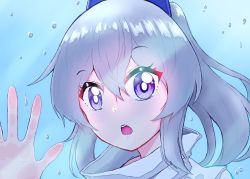 Rule 34 | 1girl, absurdres, blue background, bright pupils, close-up, grey hair, gurajio, highres, long hair, looking at viewer, mononobe no futo, open mouth, ponytail, purple eyes, solo, touhou, water drop, white pupils