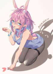 Rule 34 | 1girl, absurdres, ahoge, animal ear fluff, animal ears, ass, ayana nana, bare shoulders, black pantyhose, blue eyes, blue hair, blush, breasts, cleavage, cleavage cutout, closed mouth, clothing cutout, heart cutout, highres, kneeling, light purple hair, long hair, looking at viewer, medium breasts, meme attire, multicolored hair, pantyhose, paw pose, project-sp, rabbit ears, rabbit girl, rabbit tail, risami121, shadow, smile, solo, tail, thigh strap, tongue, tongue out, virgin killer sweater, virtual youtuber