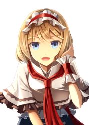 Rule 34 | 1girl, alice margatroid, blonde hair, blue eyes, bow, capelet, clere, hair bow, hand in own hair, looking at viewer, necktie, open mouth, short hair, smile, solo, touhou, white background