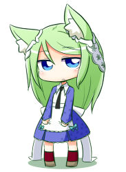Rule 34 | 1girl, 7th dragon, 7th dragon (series), animal ear fluff, animal ears, apron, apron grab, arietta (7th dragon), black necktie, blue dress, blue eyes, blush, brown footwear, closed mouth, colored shadow, commentary request, dress, full body, green hair, hair between eyes, kneehighs, long hair, long sleeves, looking at viewer, naga u, necktie, pleated dress, red socks, shadow, socks, solo, standing, very long hair, white apron, white background