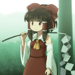 Rule 34 | 1girl, ascot, bare shoulders, blush, bow, breasts, brown eyes, brown hair, bush, closed mouth, collared dress, commentary, detached sleeves, dress, frills, gohei, hair ornament, hair tubes, hakurei reimu, hand up, leaf, long sleeves, looking at viewer, medium breasts, ponytail, red bow, red dress, shirosato, short hair, short ponytail, sky, solo, standing, torii, touhou, white sky, wide sleeves, yellow ascot
