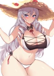 Rule 34 | 1girl, algerie (azur lane), algerie (white sand paradise) (azur lane), algerie (white sand paradise) (azur lane), azur lane, bikini, blush, breasts, cleavage, closed mouth, curvy, flower, hat, kuavera, large breasts, long hair, looking at viewer, mole, mole under eye, neck ribbon, purple eyes, red flower, red ribbon, ribbon, silver hair, simple background, smile, solo, straw hat, swimsuit, thick thighs, thighs, two-tone bikini, white background