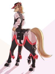 Rule 34 | 1boy, animal ears, belt, belt pouch, black belt, black hat, black vest, blonde hair, centaur, closed mouth, commentary request, dog ears, fkufku, from behind, full body, furry, furry male, hat, high heels, highres, hooves, horse tail, long sleeves, male focus, monster boy, multiple legs, original, pouch, red eyes, shadow, shirt, simple background, snout, solo, standing, standing on three legs, tail, taur, vest, white shirt