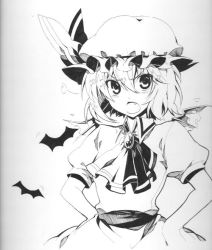 Rule 34 | 1girl, angry, bat (animal), bat wings, brooch, fang, female focus, frown, greyscale, hands on own hips, hat, jewelry, jpeg artifacts, monochrome, remilia scarlet, scan, short hair, solo, touhou, traditional media, tsukimoto aoi, wings