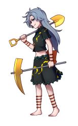 Rule 34 | 1girl, ankle bow, ankle ribbon, barefoot, belly chain, black shirt, black skirt, blouse, bow, crop top, from side, full body, grey eyes, grin, hand up, highres, himemushi momoyo, holding, holding pickaxe, holding shovel, jewelry, leg ribbon, long hair, midriff, orange bow, over shoulder, parted bangs, pickaxe, profile, ribbon, ring, shirt, short sleeves, shovel, silver hair, simple background, skirt, skirt set, smile, solo, speckticuls, spiked hair, standing, tools, touhou, transparent background, white background, wrist bow