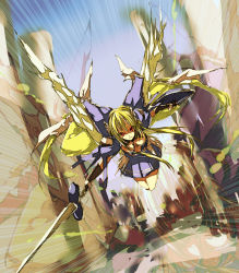Rule 34 | 1girl, angel wings, astraea (sora no otoshimono), blonde hair, chain, collar, dutch angle, flying, long hair, page (page1555), red eyes, shield, solo, sora no otoshimono, sword, very long hair, weapon, wings, zoom layer