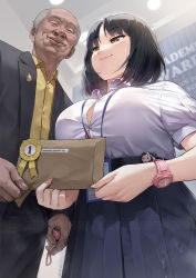 Rule 34 | 1boy, 1girl, black hair, black jacket, black pants, blouse, blush, bra visible through clothes, breasts, brown eyes, bulge, bursting breasts, closed eyes, collared shirt, cow, cum, cum on clothes, dark-skinned male, dark skin, dress shirt, from below, gao (gaolukchup), grey hair, highres, holding, id card, implied after sex, implied fellatio, implied fingering, implied handjob, implied sex, indoors, jacket, large breasts, old, old man, original, pants, pin, pleated skirt, puffy short sleeves, puffy sleeves, sex toy, shirt, shirt tucked in, short hair, short sleeves, skirt, smile, stray pubic hair, ugly man, very short hair, watch, watermark, white shirt, wristwatch, yellow shirt
