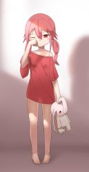 Rule 34 | 10s, 1girl, absurdres, bare shoulders, barefoot, cowfee, full body, guilty crown, hair ornament, highres, one eye closed, pink hair, red eyes, solo, standing, stuffed animal, stuffed toy, tears, twintails, wiping face, yuzuriha inori
