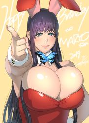 Rule 34 | 1girl, 2019, animal ears, bare shoulders, black hair, blue eyes, bow, bowtie, breasts, bursting breasts, butterfly bowtie, chouzuki maryou, cleavage, commentary request, cuffs, fake animal ears, fingernails, hand on own hip, happy birthday, highres, huge breasts, kotoyoshi yumisuke, leotard, light smile, lipstick, long fingernails, long hair, makeup, original, playboy bunny, plump, pointing, pointing at viewer, purple hair, rabbit ears, real life, shiny skin, simple background, solo, very long hair, yellow background