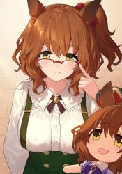 Rule 34 | 1girl, adjusting eyewear, animal ears, aston machan (umamusume), blush, brown hair, brown ribbon, buttons, character doll, character request, chorefuji, closed mouth, collared shirt, commentary request, doll, eyelashes, frills, glasses, green eyes, green skirt, hand up, highres, horse ears, index finger raised, looking at viewer, neck ribbon, one side up, red-framed eyewear, ribbon, semi-rimless eyewear, shirt, skirt, smile, solo, suspender skirt, suspenders, umamusume, white shirt