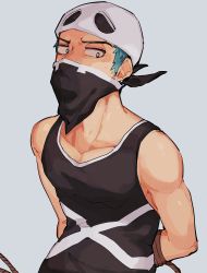 Rule 34 | 1boy, aqua hair, arms behind back, bandana, bandana over mouth, bare arms, black tank top, collarbone, commentary request, creatures (company), game freak, highres, male focus, nintendo, pokemon, pokemon sm, rope, short hair, sideways glance, skull-shaped hat, solo, sushi1515, sweat, tank top, team skull, team skull grunt