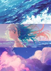 Rule 34 | 1girl, absurdres, aqua hair, asari nanami, blue eyes, blue hair, blue sky, cloud, commentary request, crescent moon, evening, gradient hair, hair ornament, hairclip, highres, idolmaster, idolmaster cinderella girls, long hair, looking at viewer, moon, multicolored hair, ocean, outdoors, parted lips, pink clouds, pink hair, portrait, signature, sky, solo, water, waves, yagita (astronomie)