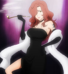 Rule 34 | 1girl, bare shoulders, black dress, breasts, brown eyes, brown hair, cleavage, dress, elbow gloves, gloves, hair over one eye, highres, large breasts, long hair, lupin iii, lupin iii part 6, mine fujiko, stitched, third-party edit