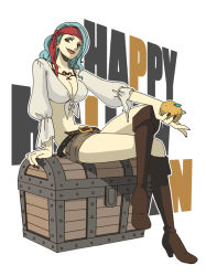 Rule 34 | 1girl, alternate costume, belt, black nails, blue hair, boots, breasts, cleavage, crossed legs, food, fruit, full body, gigot sleeves, happy halloween, holding, holding food, holding fruit, knee boots, kyakya, long hair, medium breasts, nail polish, nojiko, one piece, open mouth, orange (fruit), puffy sleeves, simple background, sitting, solo, tattoo, treasure chest, white background