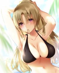 Rule 34 | 1girl, armpits, arms up, bikini, black bikini, blonde hair, breasts, cleavage, commentary request, hair tie in mouth, halterneck, highres, large breasts, long hair, looking at viewer, mouth hold, navy (navy.blue), original, ponytail, purple eyes, solo, sweat, swimsuit, tying hair, upper body