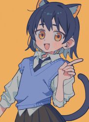 Rule 34 | 1girl, :d, animal ear fluff, animal ears, arm at side, black skirt, blue hair, blue necktie, blue sweater vest, cat ears, cat tail, cowboy shot, extra ears, fang, flat chest, hand up, highres, layered clothes, layered sleeves, long sleeves, looking at viewer, medium hair, necktie, open mouth, orange background, orange eyes, original, pointing, shirt, short eyebrows, short over long sleeves, short sleeves, simple background, skirt, sleeves past elbows, smile, sweater vest, tail, three quarter view, umipi, white shirt, wing collar