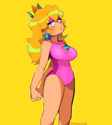 Rule 34 | blonde hair, blue eyes, breasts, colored skin, crown, earrings, emmanomia23, highres, jewelry, legs, leotard, mario &amp; sonic at the london 2012 olympic games, mario &amp; sonic at the olympic games, mario (series), nintendo, one-piece swimsuit, princess peach, swimsuit, thighs, white skin