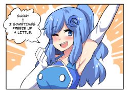 Rule 34 | 1girl, arm up, armpits, blue hair, blush, breasts, clenched hand, comic, english text, gloves, hair ornament, hairclip, highres, hinghoi, internet explorer, large breasts, long hair, looking at viewer, one eye closed, one side up, open mouth, original, shiny skin, smile, solo, white gloves