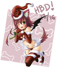 Rule 34 | 1girl, animal ears, blush, dated, elbow gloves, gloves, green eyes, happy birthday, hat, okitakung, open mouth, paw pose, santa hat, smile, tail, thighhighs, wings, wink