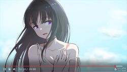 Rule 34 | 1girl, :d, bare shoulders, black hair, breasts, cleavage, collarbone, hand up, highres, hyoe (hachiechi), inoue takina, long hair, lower teeth only, lycoris recoil, medium breasts, open mouth, purple eyes, smile, solo, strap slip, teeth, upper body, youtube