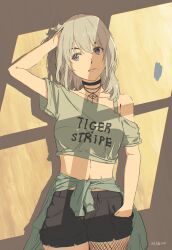 Rule 34 | 1girl, absurdres, artist name, black choker, black shorts, breasts, choker, chromatic aberration, clothes around waist, collarbone, commentary, cropped shirt, english commentary, exe (pixiv 7369194), fishnets, girls band cry, grey eyes, grey hair, hand in own hair, hand in pocket, highres, jacket, jacket around waist, jewelry, kawaragi momoka, long hair, lying, medium breasts, midriff, navel, necklace, on back, shade, short sleeves, shorts, single fishnet legwear, single off shoulder, solo