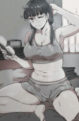 Rule 34 | 1girl, alp315, breasts, cameltoe, cleft of venus, female focus, glasses, hand on own head, highres, large breasts, midriff, mole, mole on breast, on bed, round eyewear, sitting, solo, sportswear, tank top, twintails